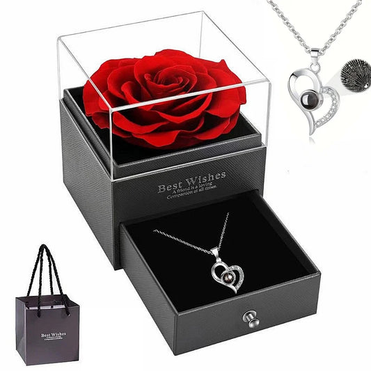 Heart-Shaped Red Rose Necklace - Includes Gift Box